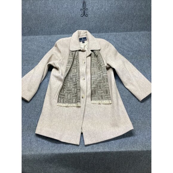 London Fog Wool Blend Coat Women’s Size 12 Beige Button Up Attached Scarf - Picture 1 of 14